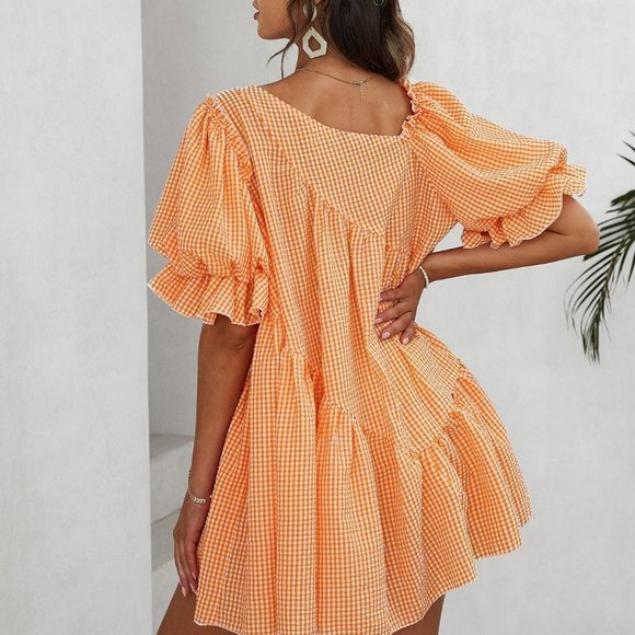 Multicolor Boho Womens Gingham Puff Sleeve Smock Dress - Picture 2 of 7